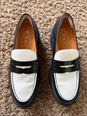 Tod's Two-Tone Black and White Leather Penny Loafers